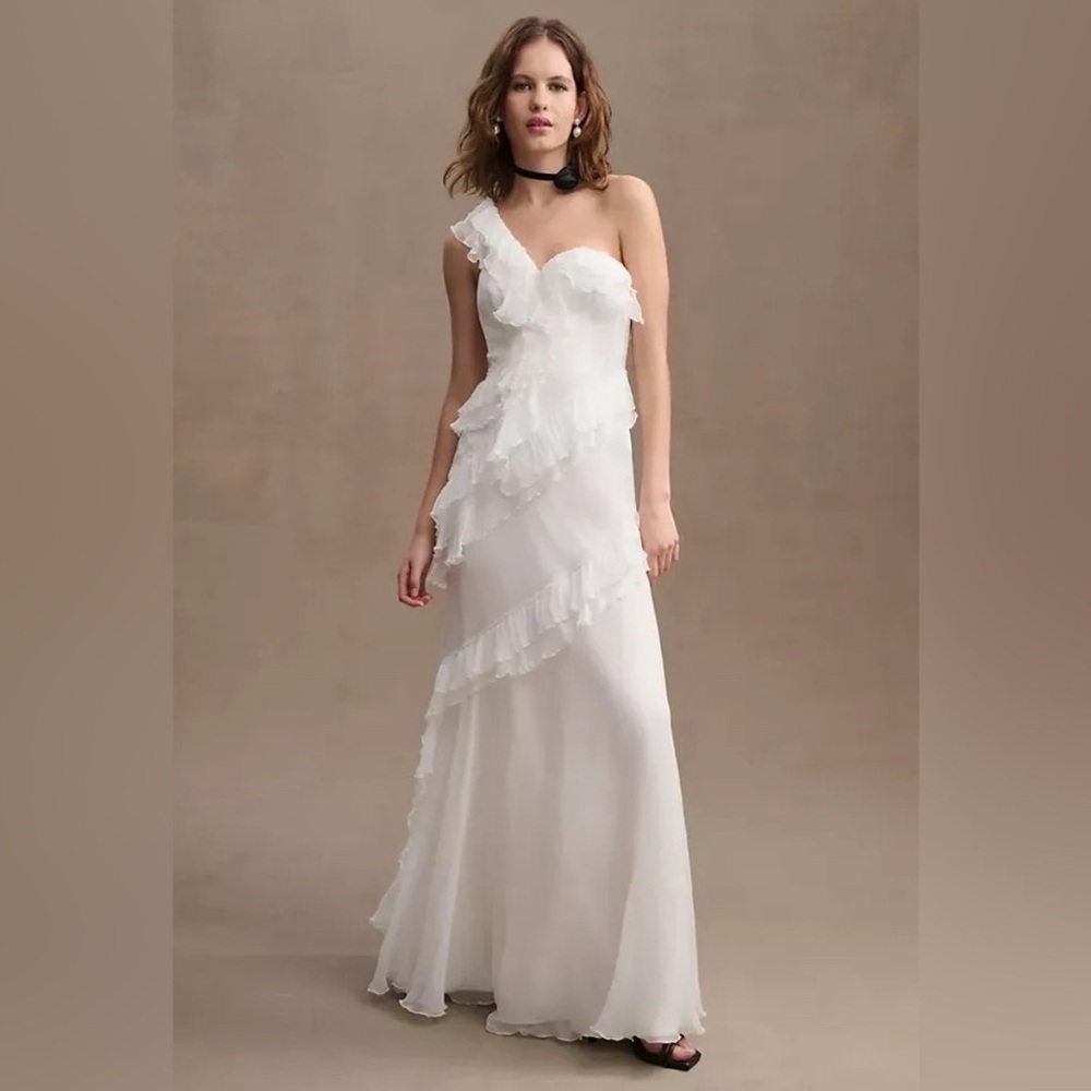 AMUR White Asymmetrical Ruffled Bridal Gown